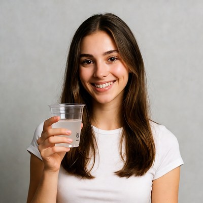 Young woman holding clear drink