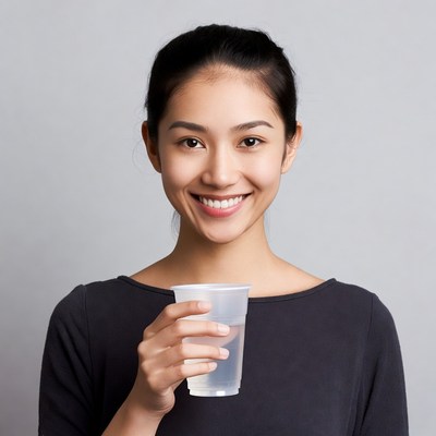 Smiling woman holding a cup of water
