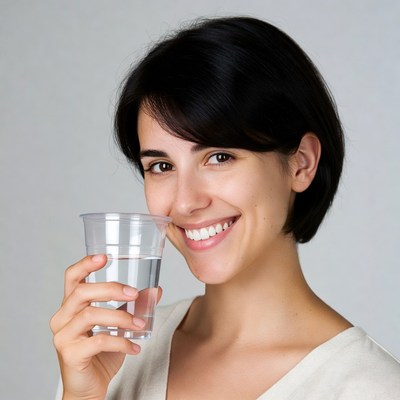 Smiling woman holding clear cup