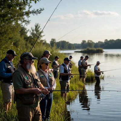 Group of people fishing by the lake