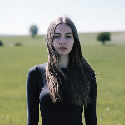Young woman stands in green field