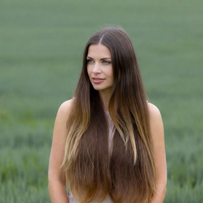 Long hair woman in green field