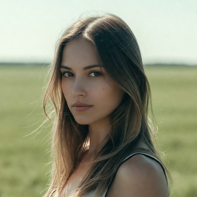 Model stands in grassy field
