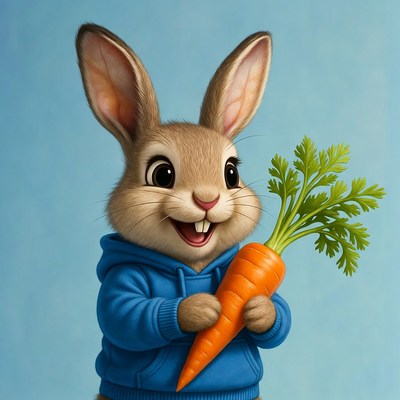 Happy rabbit holding a carrot