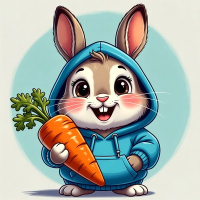Cartoon rabbit wears hoodie and holds carrot