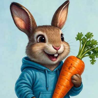 Rabbit holds carrot in hoodie