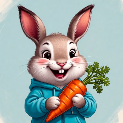 Rabbit holding carrot smiling