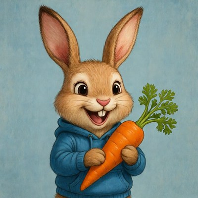 Happy rabbit holds big carrot