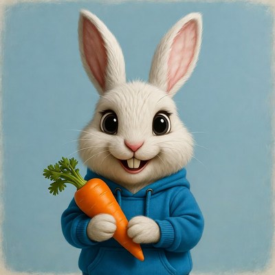 Rabbit holding carrot in blue hoodie