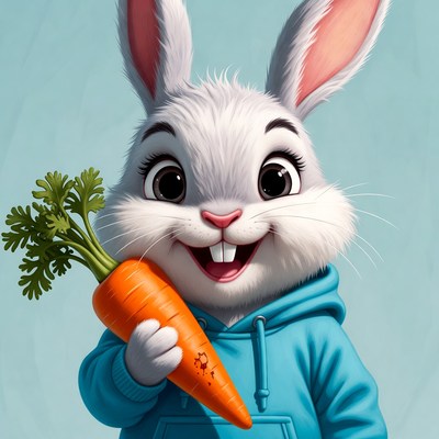 Cute rabbit holds carrot in blue hoodie