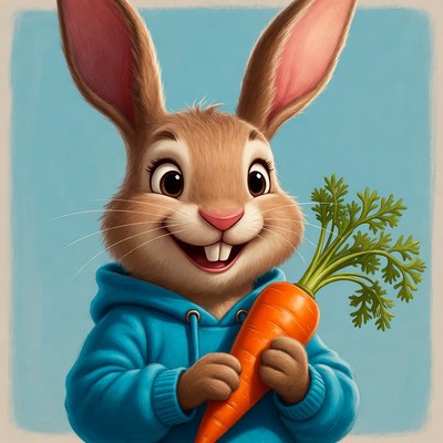Happy rabbit holds a carrot
