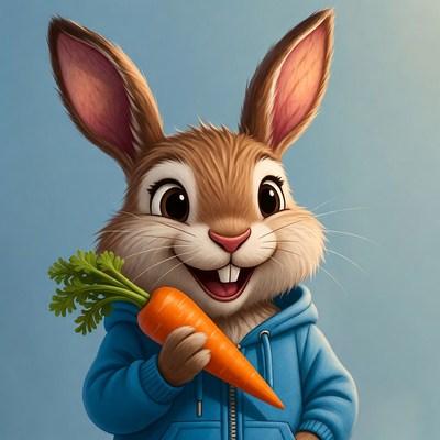 Rabbit with carrot in blue hoodie
