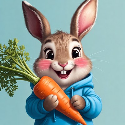 Rabbit holds carrot in blue hoodie