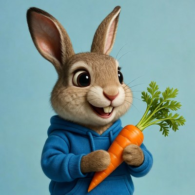 Rabbit holding a carrot in a blue hoodie