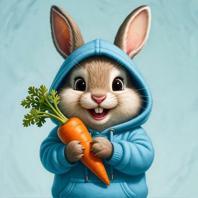 Bunny in hoodie holding carrot