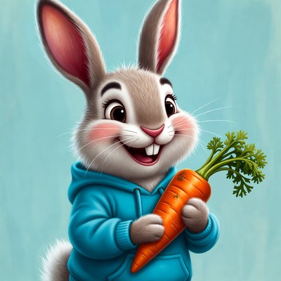 Happy rabbit with carrot in hoodie