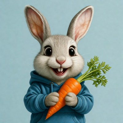 Happy rabbit with carrot in blue hoodie