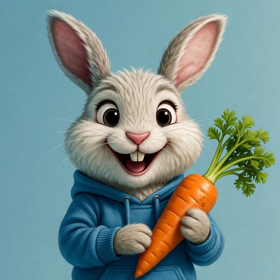 Rabbit holds carrot in blue hoodie