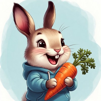 Happy rabbit holding a carrot