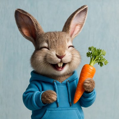 Happy rabbit holding carrot and parsley
