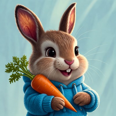 Happy rabbit with carrot in hoodie