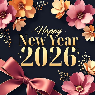 Happy new year 2026 with flowers and bow