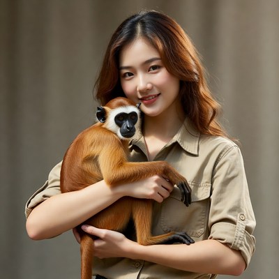 Woman holding monkey in studio
