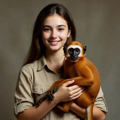 Girl holds monkey in studio setting