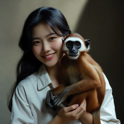 Woman holds monkey at indoor setting