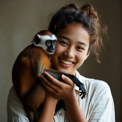 Girl holding monkey in indoor setting