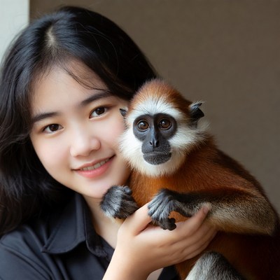Girl holding monkey at shelter