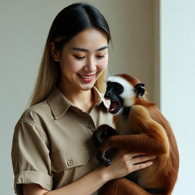 Woman holds monkey with a smile