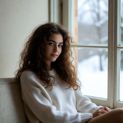 Woman sitting by a window in winter