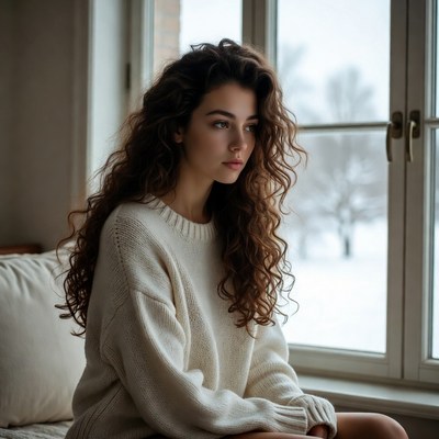Woman sitting by window in winter