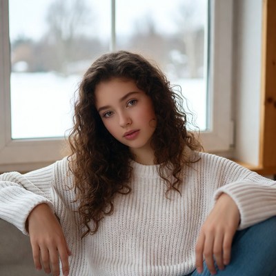 Young woman by snowy window