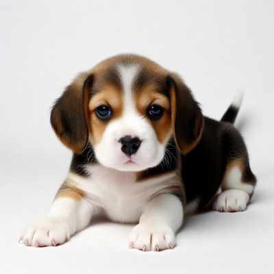 Beagle puppy lying on white surface