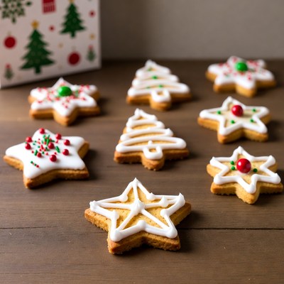 Festive cookies on a wooden table
