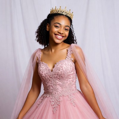 Young girl in pink dress with crown