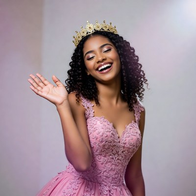Young woman waving in pink dress