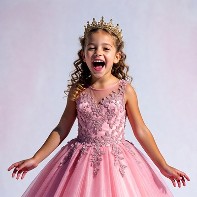 Young girl in party dress smiles widely
