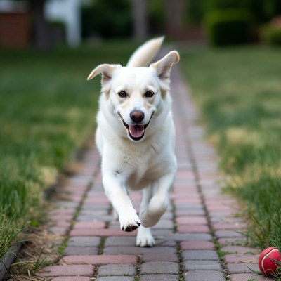 Dog runs on pathway with ball