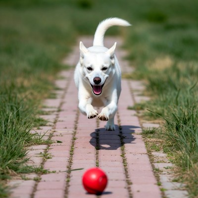Dog runs toward red ball
