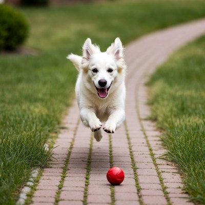 Dog runs after a red ball