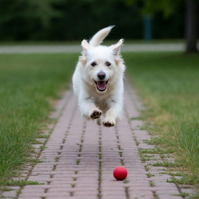 Dog running on a path to fetch a ball