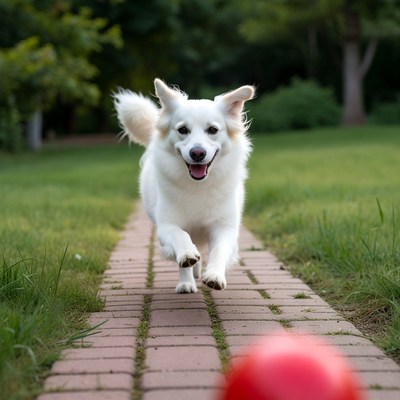 White dog runs on brick path