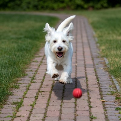 Dog runs on path with ball