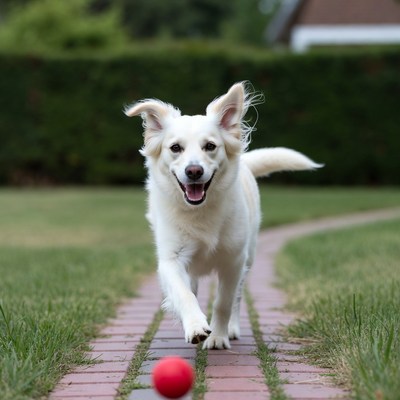 Dog runs after red ball