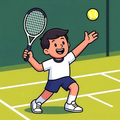Young boy plays tennis in a court