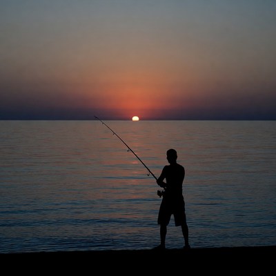 Fishing at sunset near the ocean