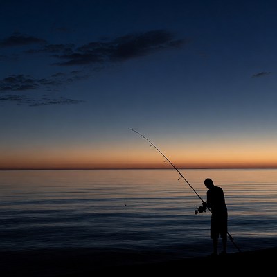 Fishing at sunset on the shore